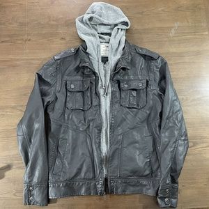 CHOR Men's Hooded Zipper Faux Leather Jacket (Size: L / Large)